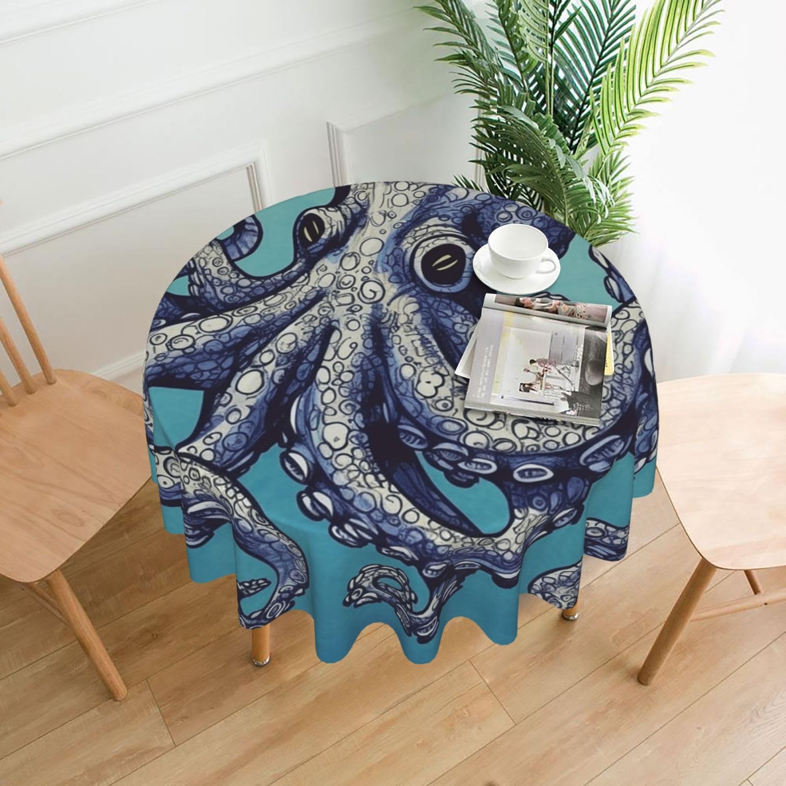 FodPand Octopus Design Tablecloths for Round Tables 60 Inch - Reusable Washable Dining Table Clothes - Stain and Wrinkle Resistant Decorative Fabric Table Cover for Wedding Party