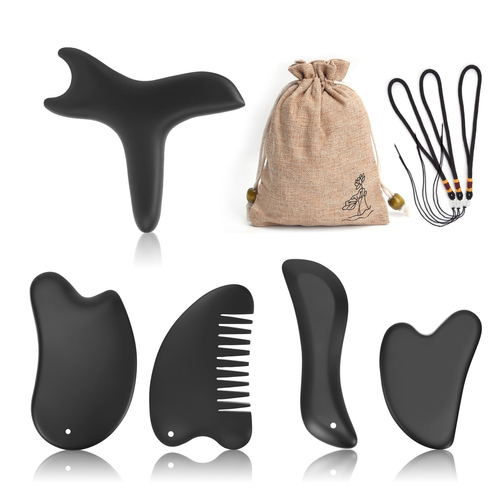 JalynBoo 5 Pcs Bian Stone Guasha Tools, Natural Scraping Massage Set for Whole Body, Gua Sha Facial Tool for Daily Skincare, Gua Sha Set with