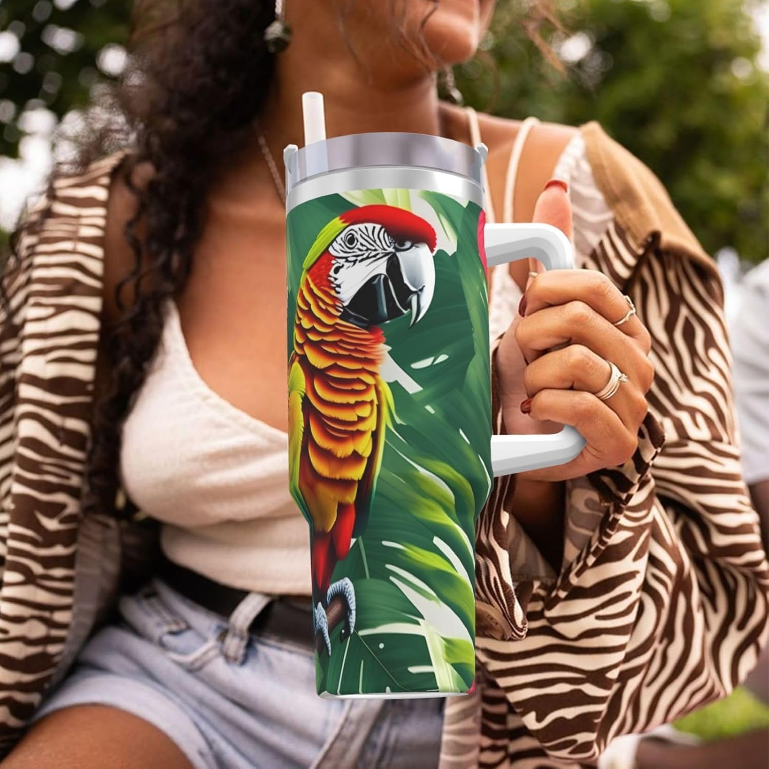 40 OZ Tropical Flower Leaf Parrot Print Ice Bully Cup with Handle Straw Lid Straw,Stainless Steel Tumbler Coffee Cup