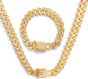 12 MM Cuban Link Chain Iced Out for Men, 50/55/60cm Men's Miami Cuban Link Chain Gold Silver Links Choker Necklace Bracelet, Unisex Hip Hop Jewelry Gift for Father's Day