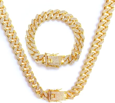 12 MM Cuban Link Chain Iced Out for Men, 50/55/60cm Men's Miami Cuban Link Chain Gold Silver Links Choker Necklace Bracelet, Unisex Hip Hop Jewelry