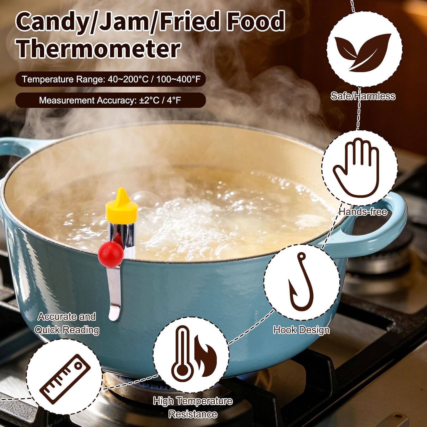 XIHIRCD Candy Thermometer with Pot Clip, Instant Read Glass Thermometer