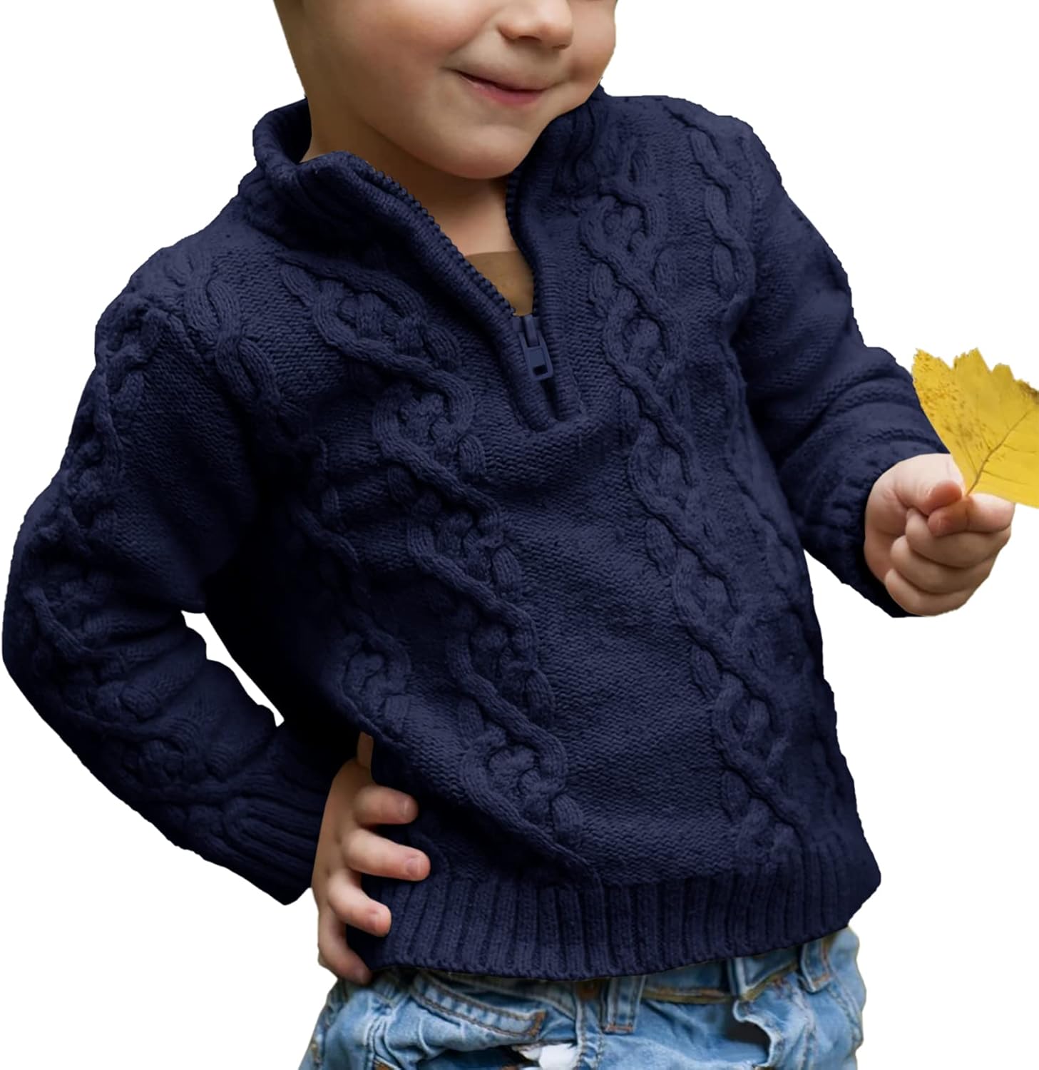 Flmcoc Toddler Boys' Girls' Cable Knit Pullover Sweater Quarter Zipper Long Sleeve Fall Winter Knitwear Outfit