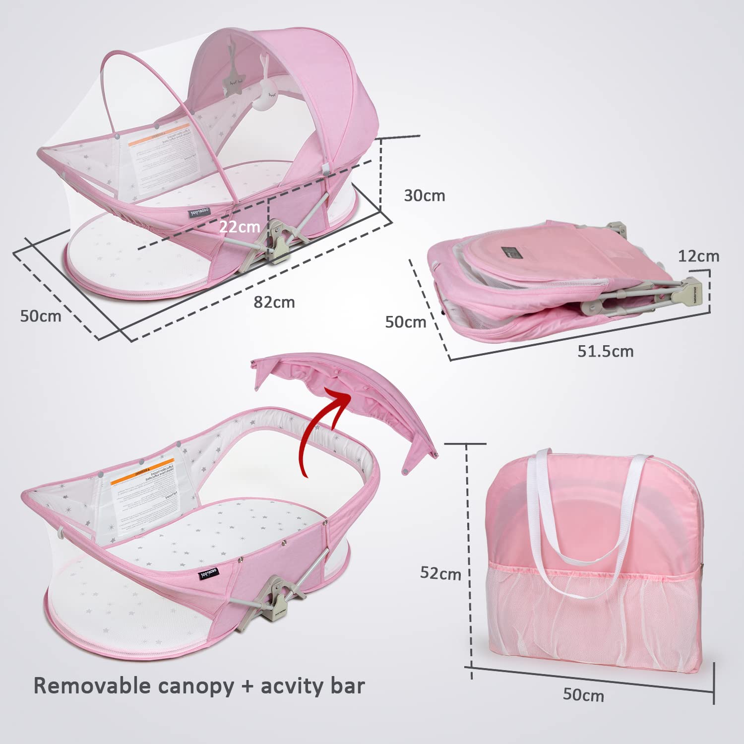 beberoad Lettino Da Viaggio Per Bambini Pieghevole, Culla Portatile Neonato, Nido Neonato, Sistema Di Sicurezza a Due Punti, Comprese Tendalino, Materassi E Borse, Zanzariere, Giocattolo