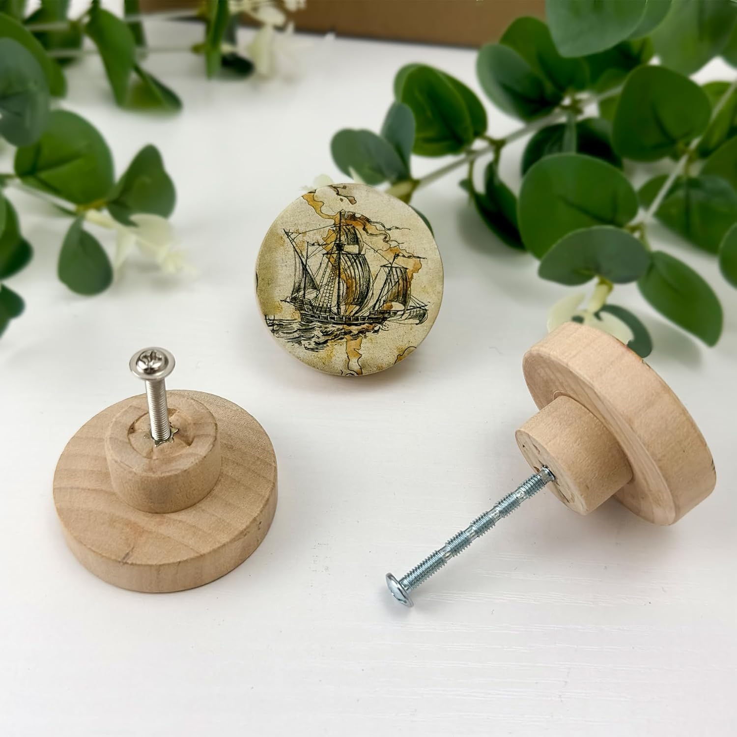 8Pack 1-4/5inch Wooden Vintage Nautical Beach Coastal Cabinet Kitchen Themed Dresser Drawer Door Knobs and Pull Handles