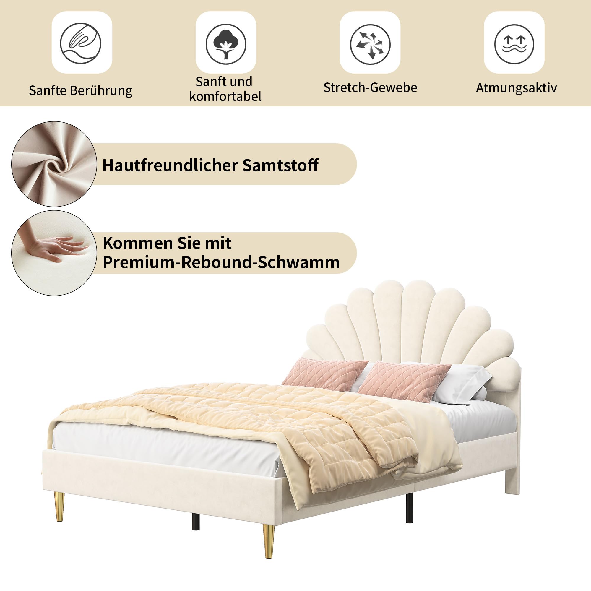Lit Enfant Rembourré 140x200 cm,Lit Double Fille avec Tête de lit en Forme de Coquillage,Cadre de Lits avec Sommier à Lattes pour Enfants & Adultes, Velours, Beige, sans Matelas