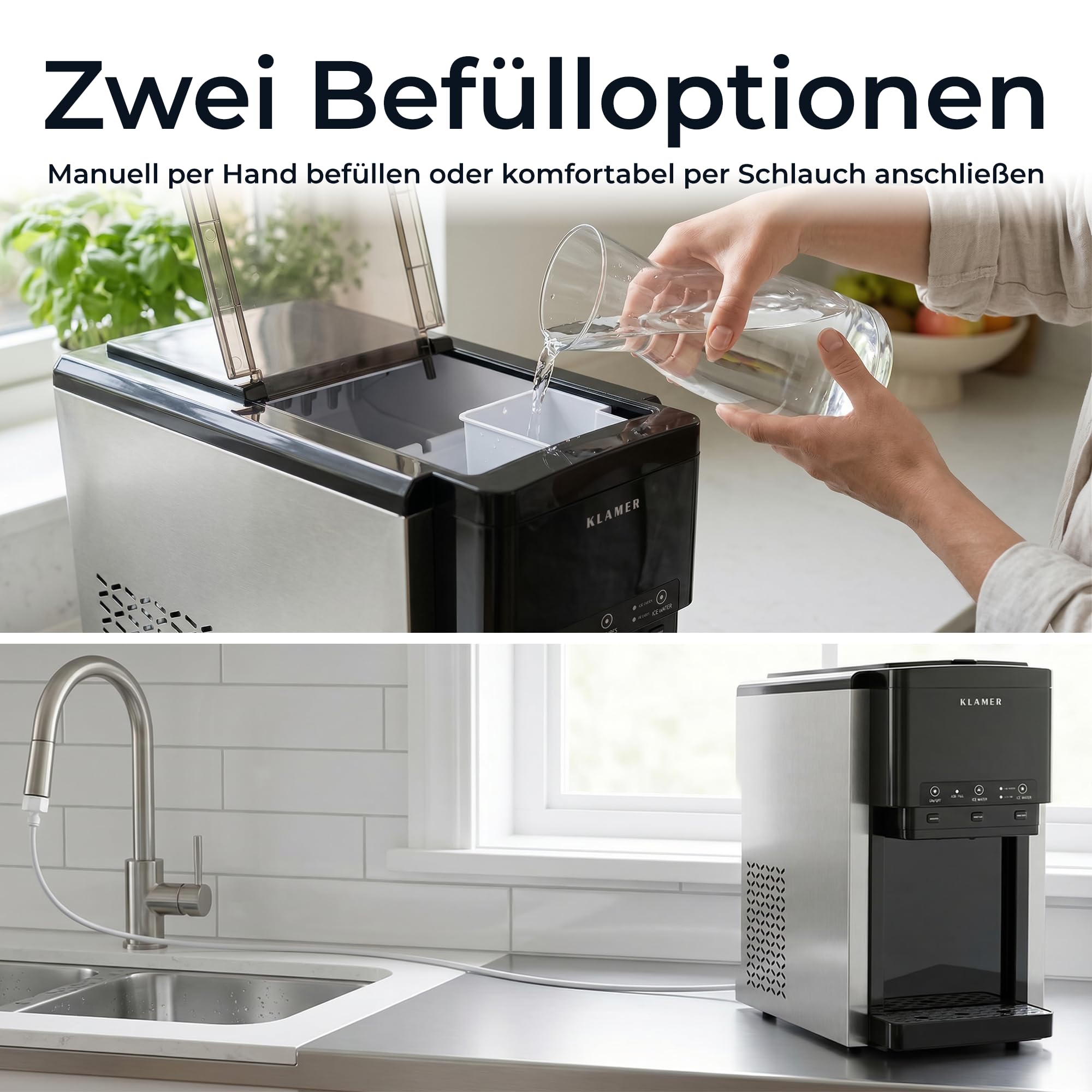 KLAMER 3-in-1 Eiswürfelmaschine, Crushed Ice & Eiswasser, 18–20 kg/24h, Kugeleis 12 Stück in 7 Min, 2,1 L Tank, Ice Maker, Wasserspender, Selbstreinigung