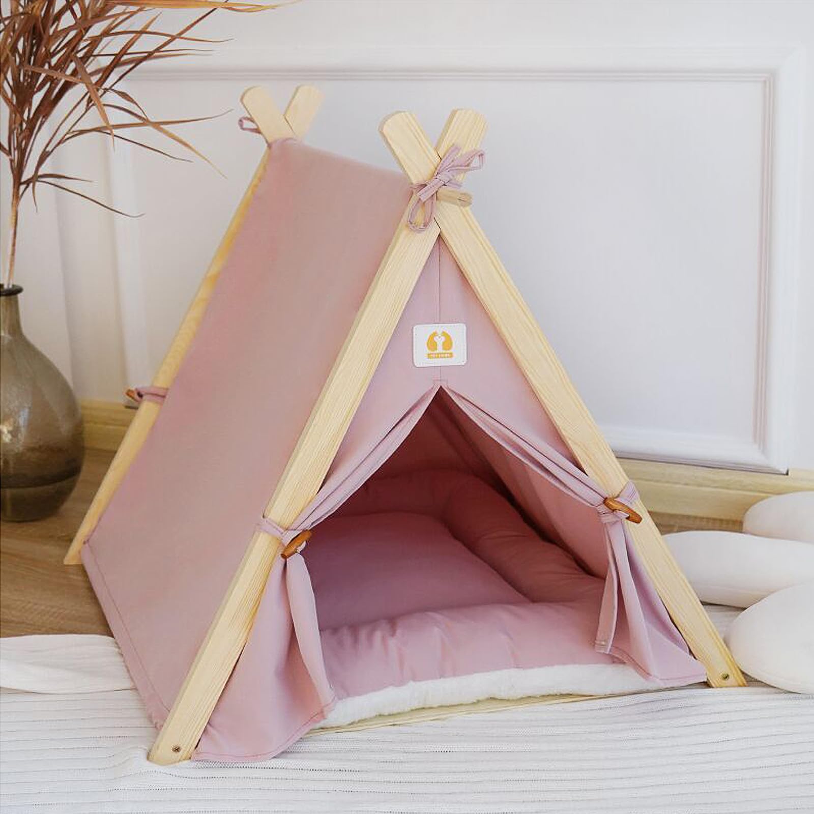 KHCY Cat Tent & Dog Tent, Wooden Triangular Pet House with Soft Cushion, Removable Door Flap, Cozy Indoor Shelter for Cats & Dogs 60×55×63 CM - Pink