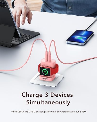 Miniatura 4 de VRURC Cargador para iPhone y Apple Watch, bloque de carga rápida USB C de 20 W, adaptador de viaje compacto 3 en 1 con 2 puertos para iPhone