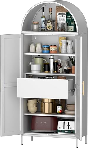 Miniatura 11 de Armario de despensa de cocina con arco de metal con 4 estantes ajustables, armario arqueado de granja con 2 puertas para cocina, dormitorio, sala de