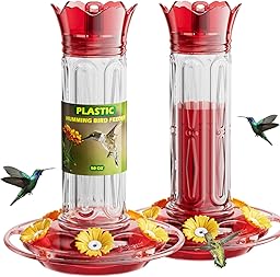 Birdream 2 Pack Hummingbird Feeders for Outdoors Hanging, Plastic Bird Nectar Feeder with 5 Bee Guard Feeding Ports & Cleaning Brush, Leak Proof, Built-in Ant Moat, 20 Ounces Total, Red