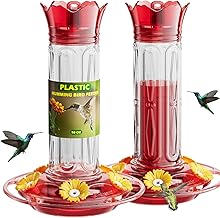 Birdream 2 Pack Hummingbird Feeders for Outdoors Hanging, Plastic Bird Nectar Feeder with 5 Bee Guard Feeding Ports & Cleaning Brush, Leak Proof, Built-in Ant Moat, 20 Ounces Total, Red