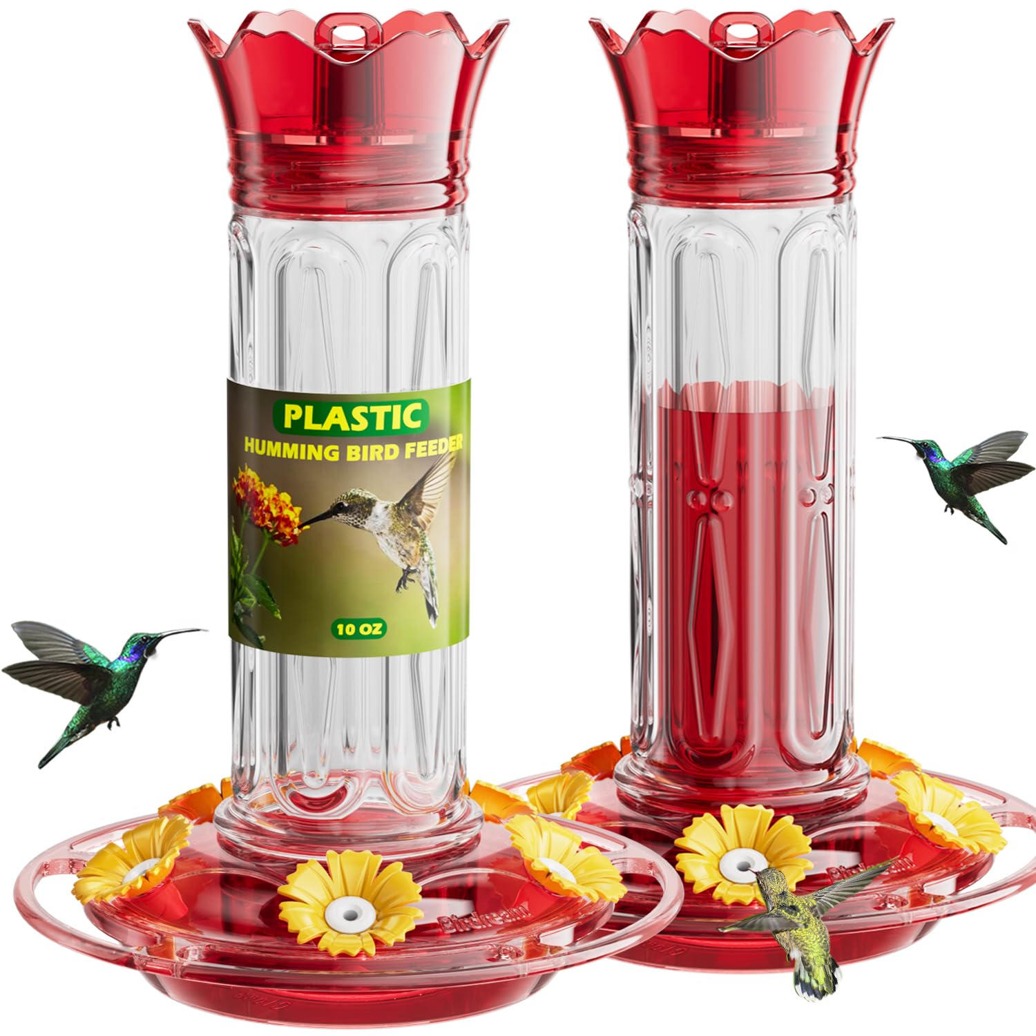 Birdream 2 Pack Hummingbird Feeders for Outdoors Hanging, Plastic Bird Nectar Feeder with 5 Bee Guard Feeding Ports & Cleaning Brush, Leak Proof, Built-in Ant Moat, 20 Ounces Total, Red