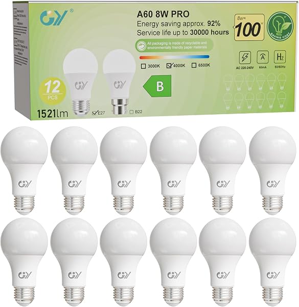GY Żarówka LED E27, neutralna biel, 8 W, 1521 lm, energooszczędna, zastępuje żarówki 100 W, klasa efektywności energetycznej B, A60 LED neutralna biel, kąt rozsyłu światła 360°, nieściemnialna, 12