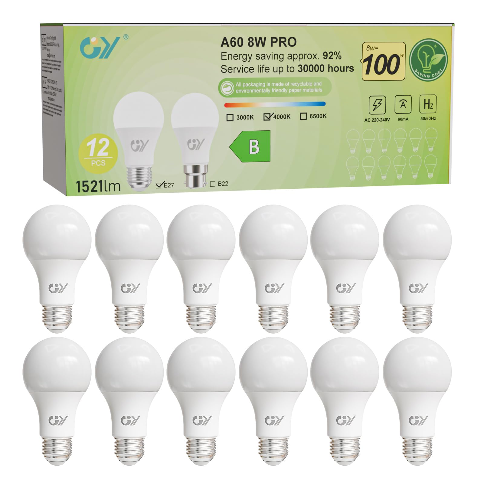 GY GY E27 Screw Neutral White 4000K LED Bulb,A60 8W 1521LM Energy Efficiency Class-B,Replaces 100W 360° Beam Angle, Non-dimmable, 12 PCS