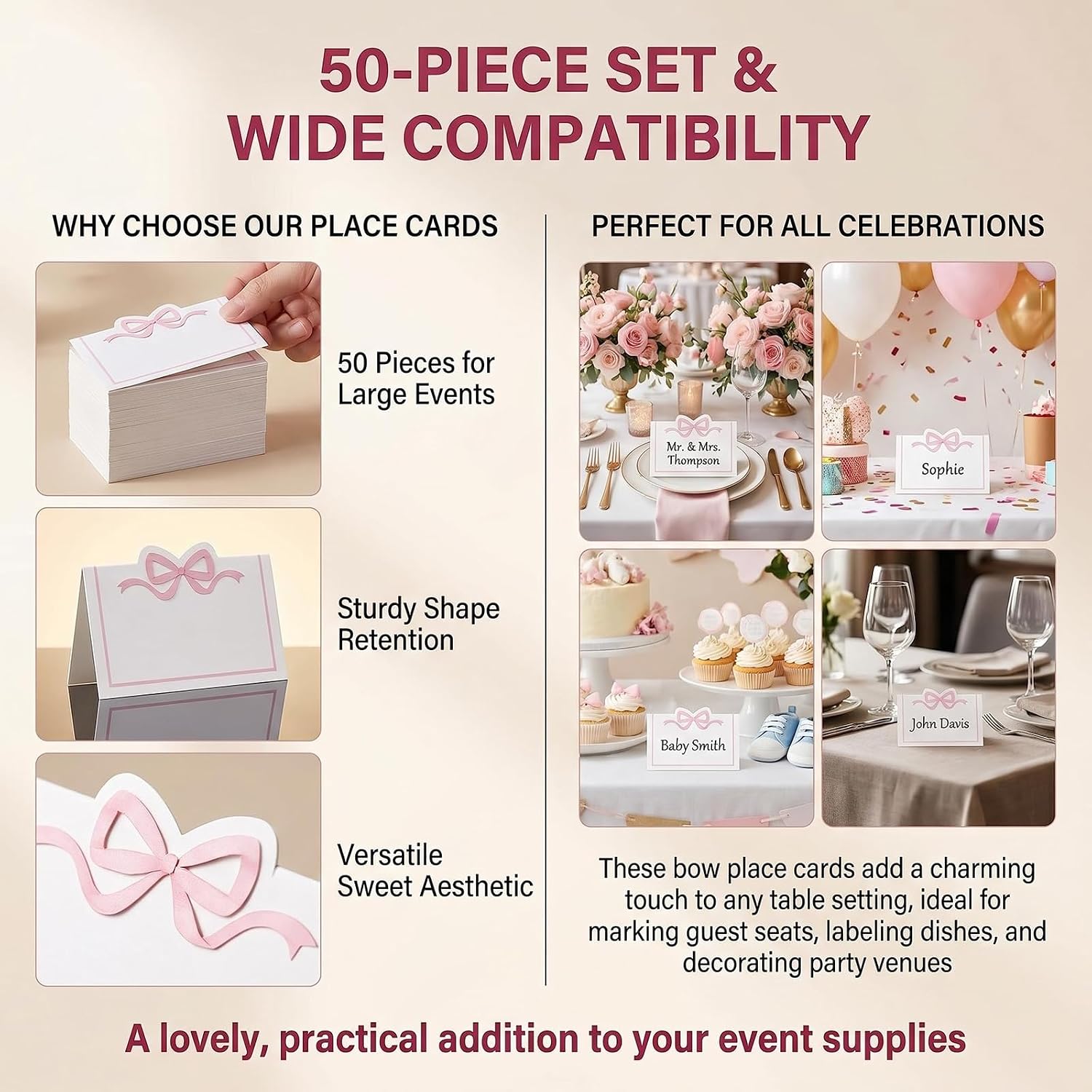 50 Pcs Pink Bow Place Cards