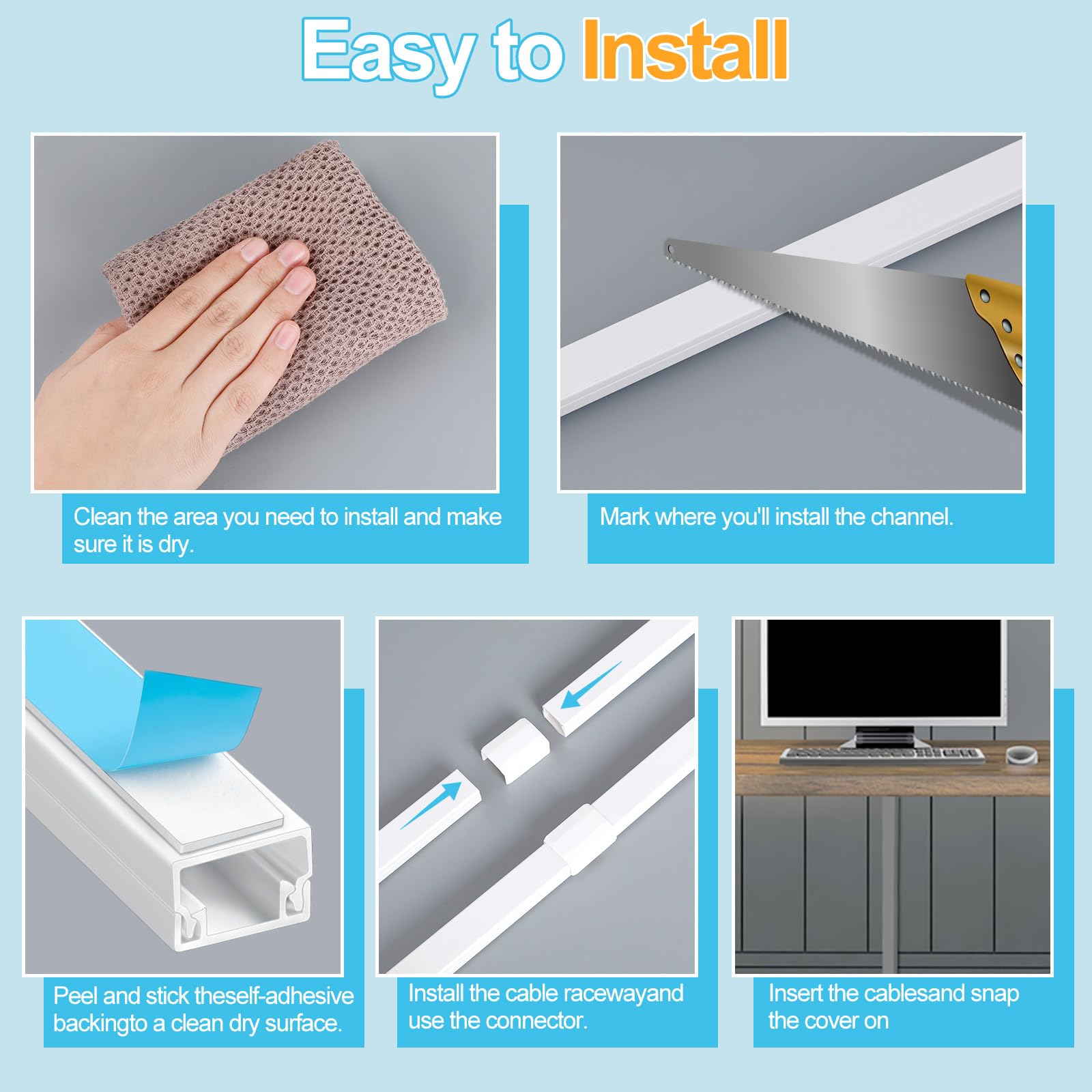 Romon Canalina Passacavi Muro, Kit di Canaline Passacavi da 4 m Bianca - Copri Cavi Verniciabili per TV - Canalina Passacavi Adesiva con Raccordi, Gomiti, Nastro per cavi, 0.4m*15mm*10mm, 10 Pezzi