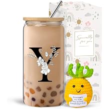 Monogrammed Initial Glass Cup with Lids and Straws, Personalized Gift Set with Doll, 16 Oz Ice Coffee Cup for Women, Birthday Christmas Mothers Day Gift for Her, Y