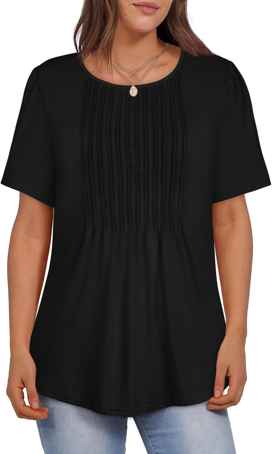 Womens T Shirts Short Sleeve Tops Dressy Casual Blouses Pleated Front Summer Outfits - Image 7