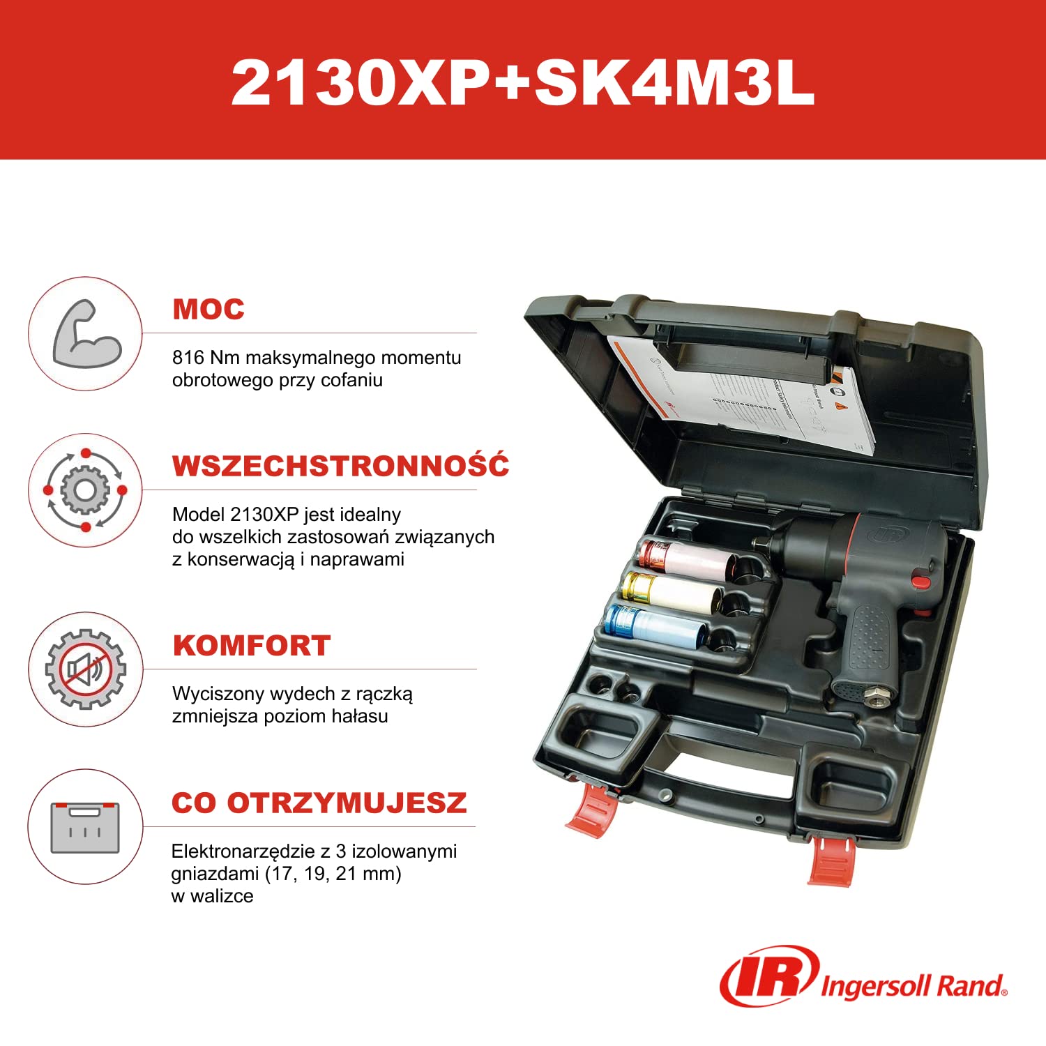 Ingersoll Rand Zestaw Pistoletowego Klucza Udarowego 2130XP, komplet 3 nasadek 1/2 cala SK4ML3L, 1 zestaw