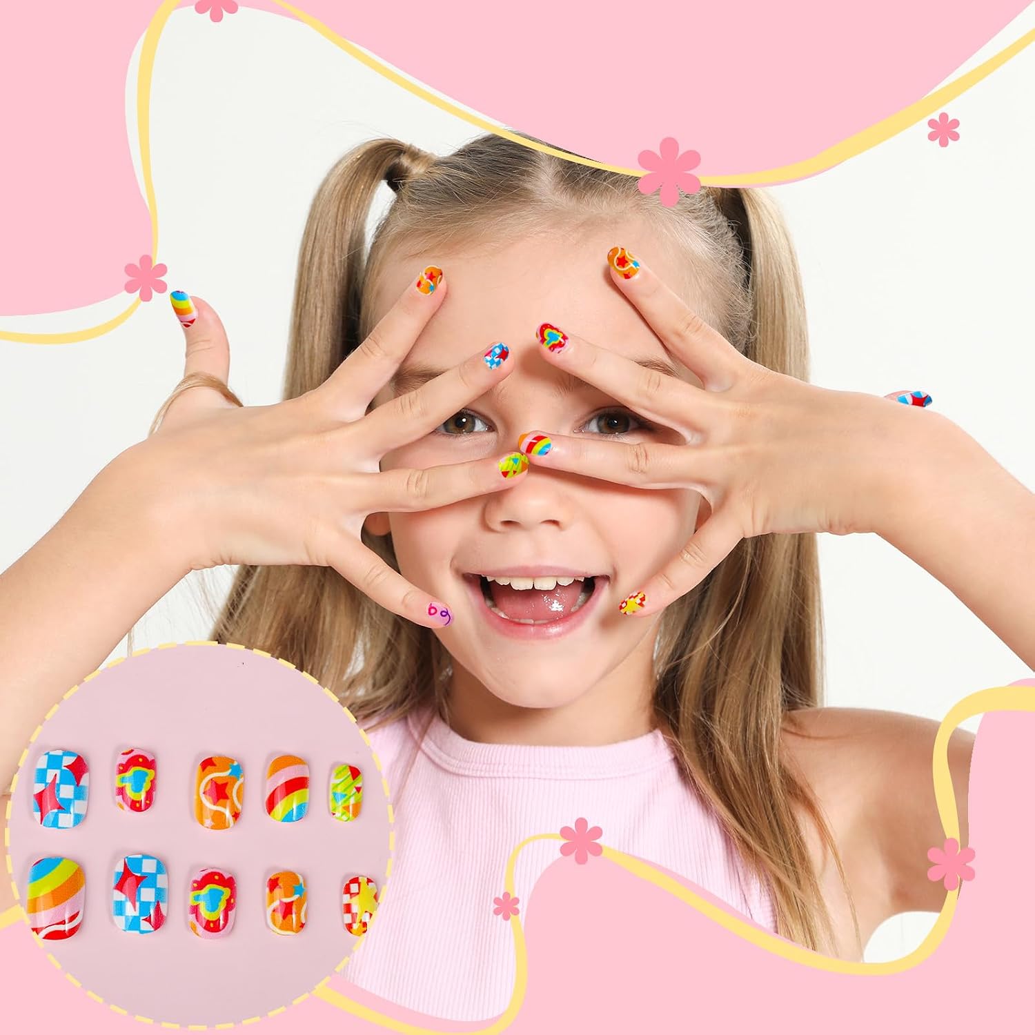 FANDAMEI Press on Nails for Kids, 15 Styles 360PCS Girls Press On Nails, Kids Nails Set for Girls with Small Nail Adhesive Tabs, Glitter Sprinkle Fake Nails Kit for Kids Girls Teens for Small Nails