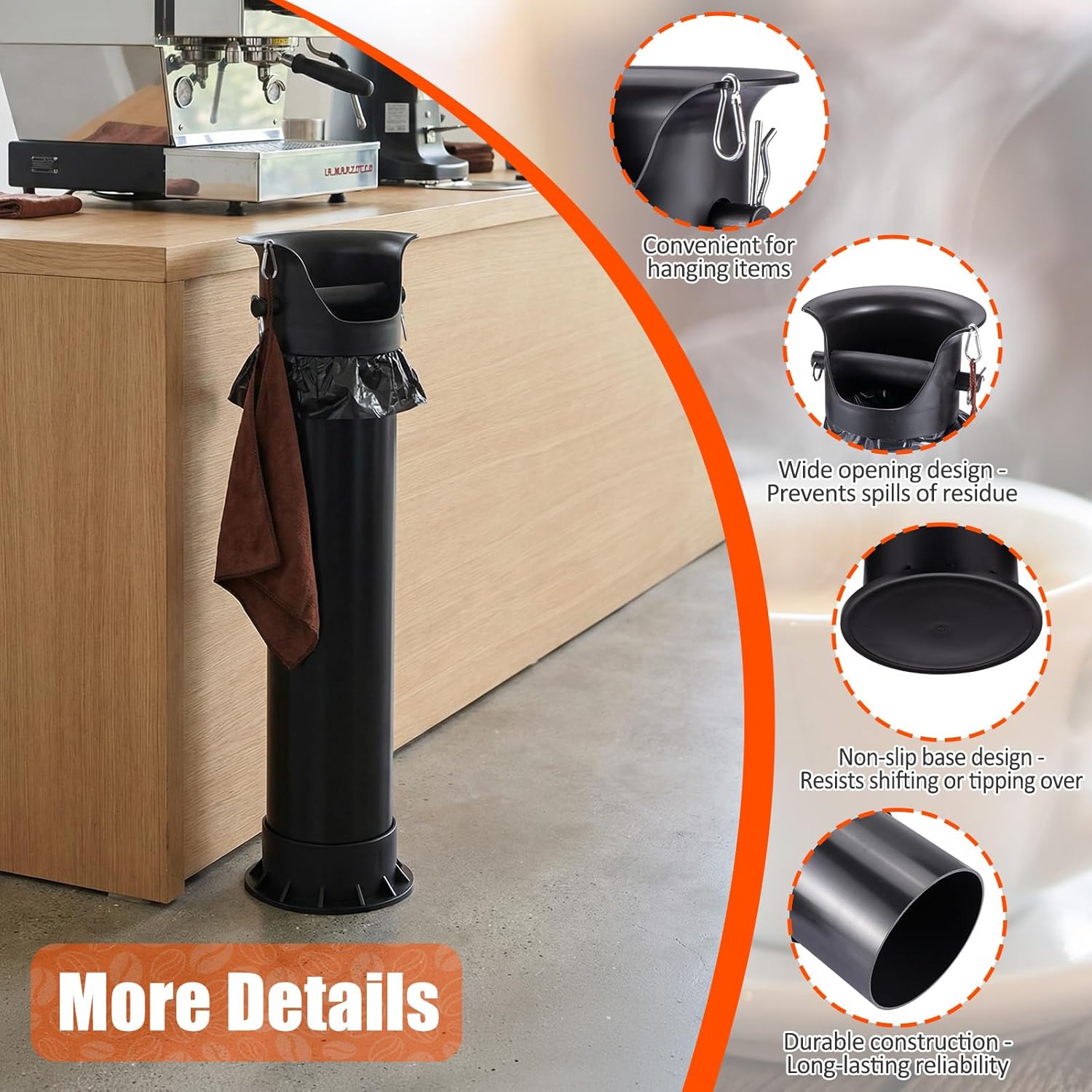 HOMEE Espresso Coffee Knock Box with Garbage Bags (25Pcs),18L Floor Standing Barista Style Knock Box for Espresso Grounds,Detachable Large Coffee Knock Box for Commercial and Home with Brush & Towel