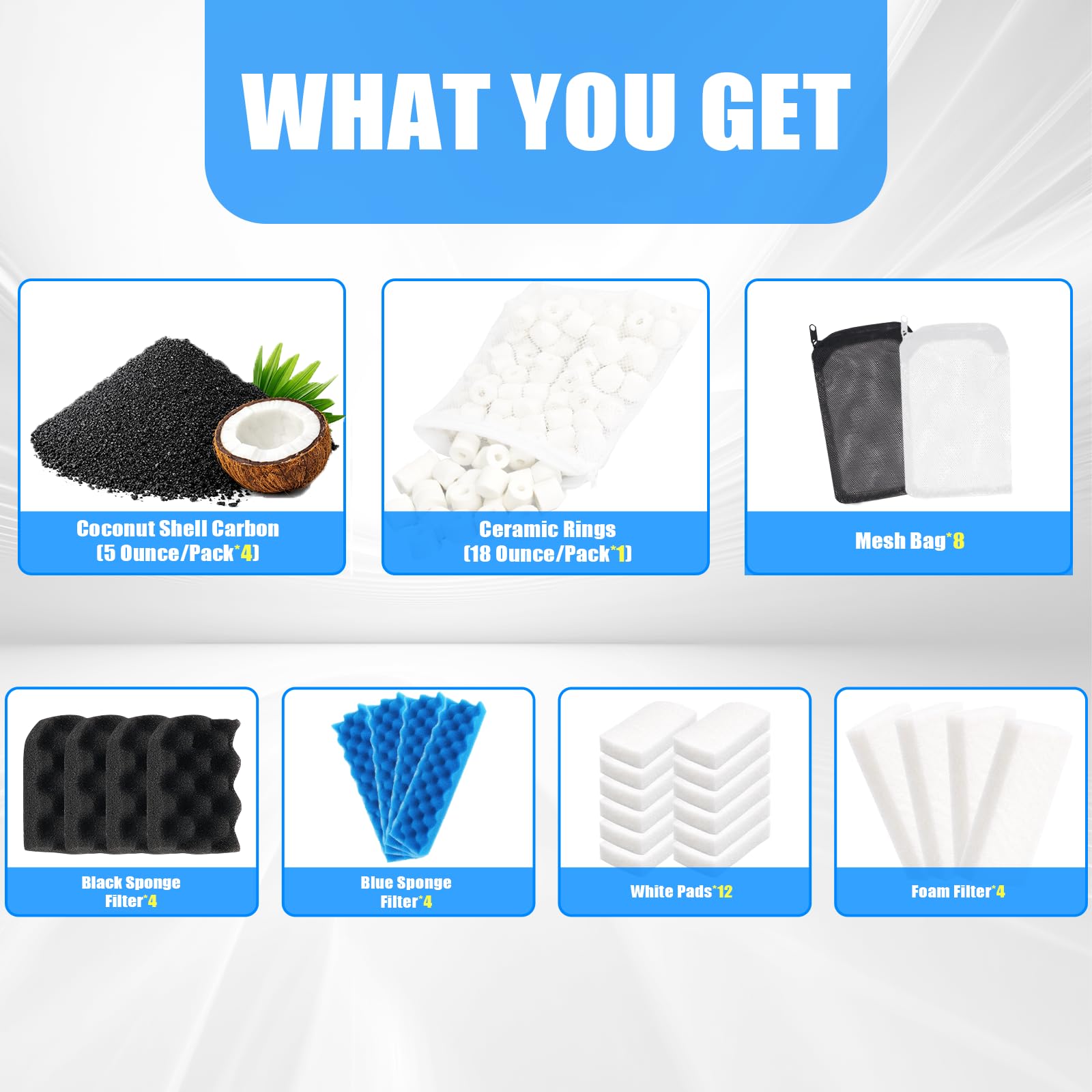 Hedday Média filtrant de rechange compatible avec Fluval 406/407 - 37 pièces de filtre d'aquarium avec mousse éponge biologique, tampons de polissage et médias adsorbants multifonctions pour eau douce