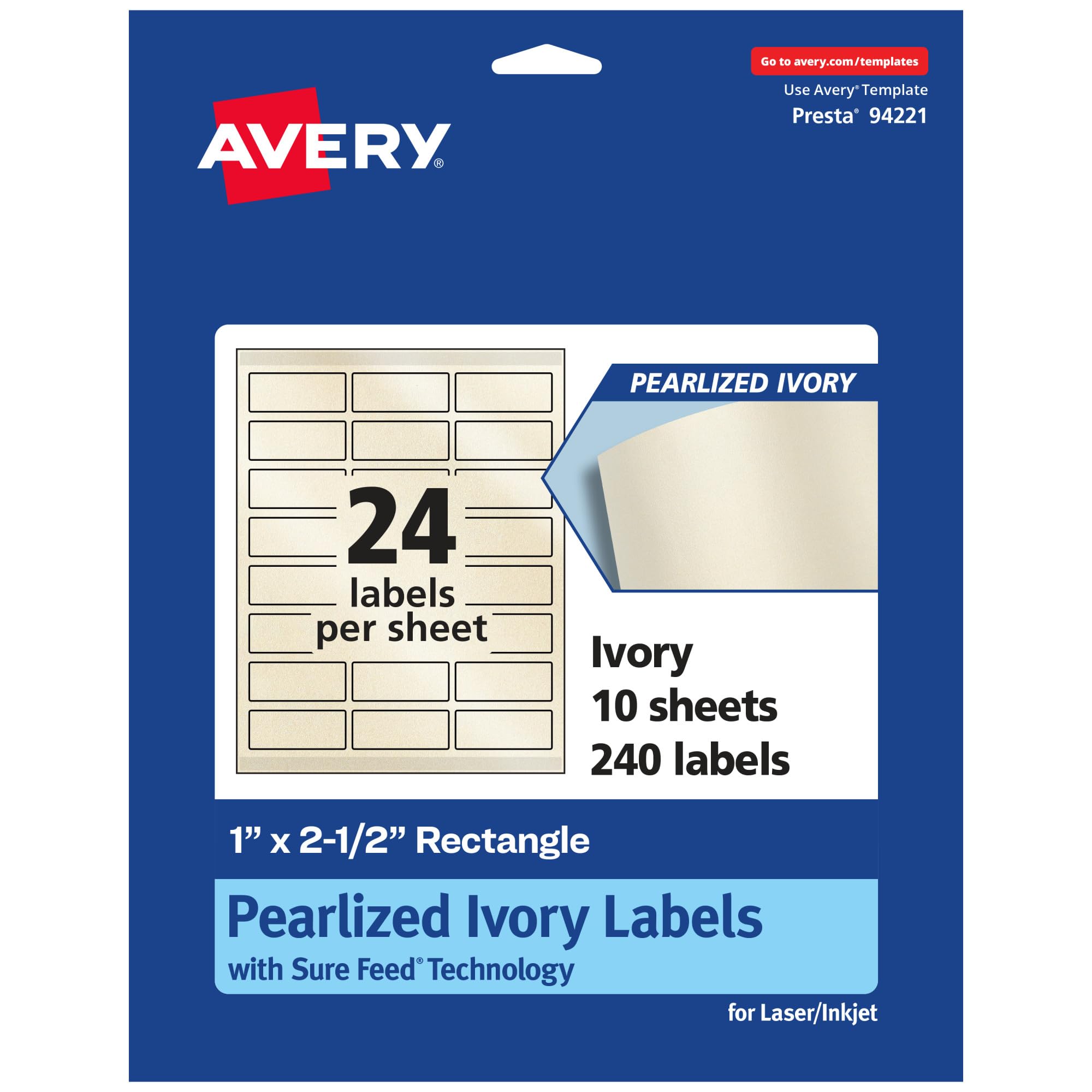 Avery Pearlized Ivory Rectangle Labels, Sure Feed Technology, 1" x 2.5", 240 Pearlized Ivory Labels, Laser/Inkjet Printable