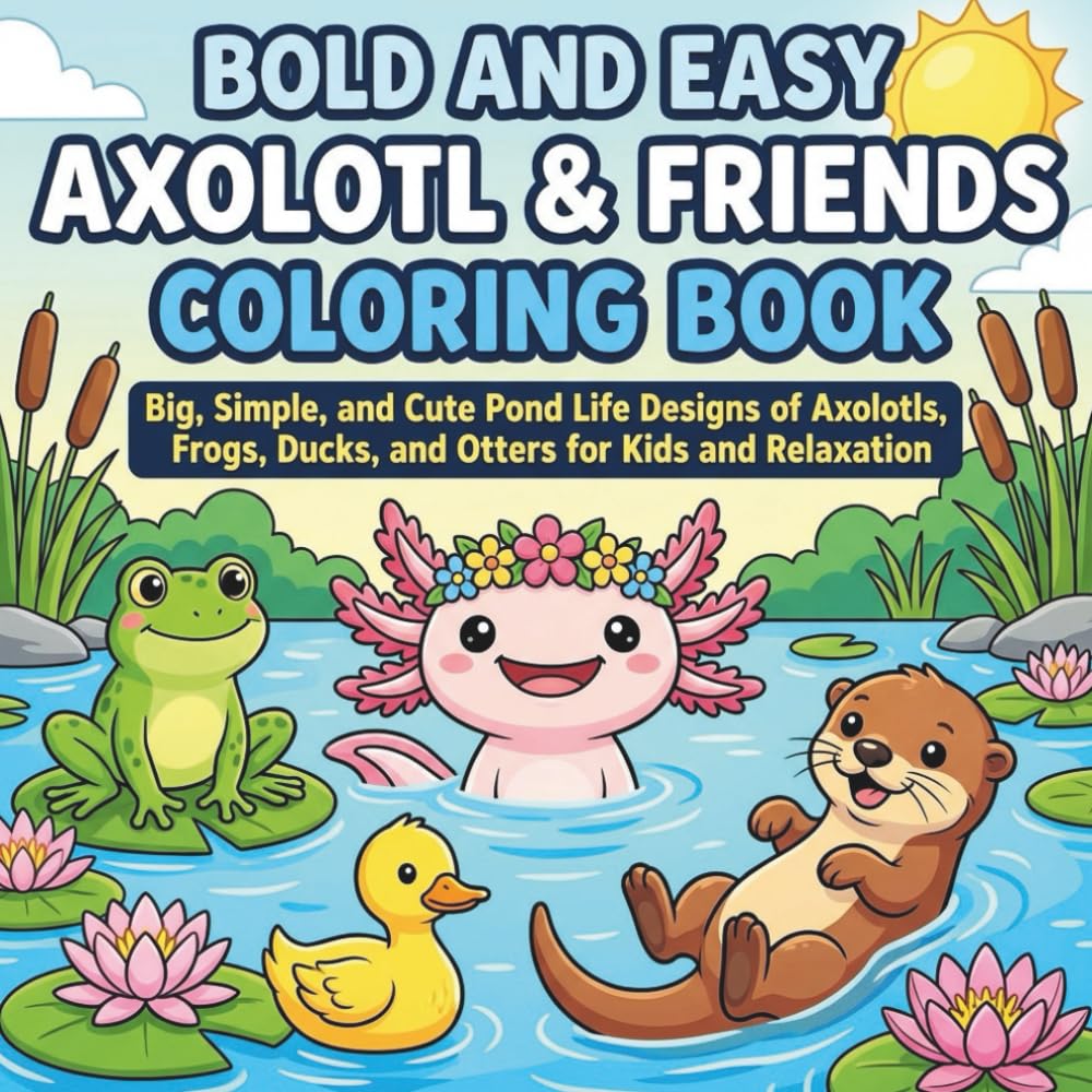 Bold and Easy Axolotl & Friends Coloring Book: Big, Simple, and Cute Pond Life Designs of Axolotls, Frogs, Ducks, and Otters for Kids and Relaxation (Easy Coloring for Kids)