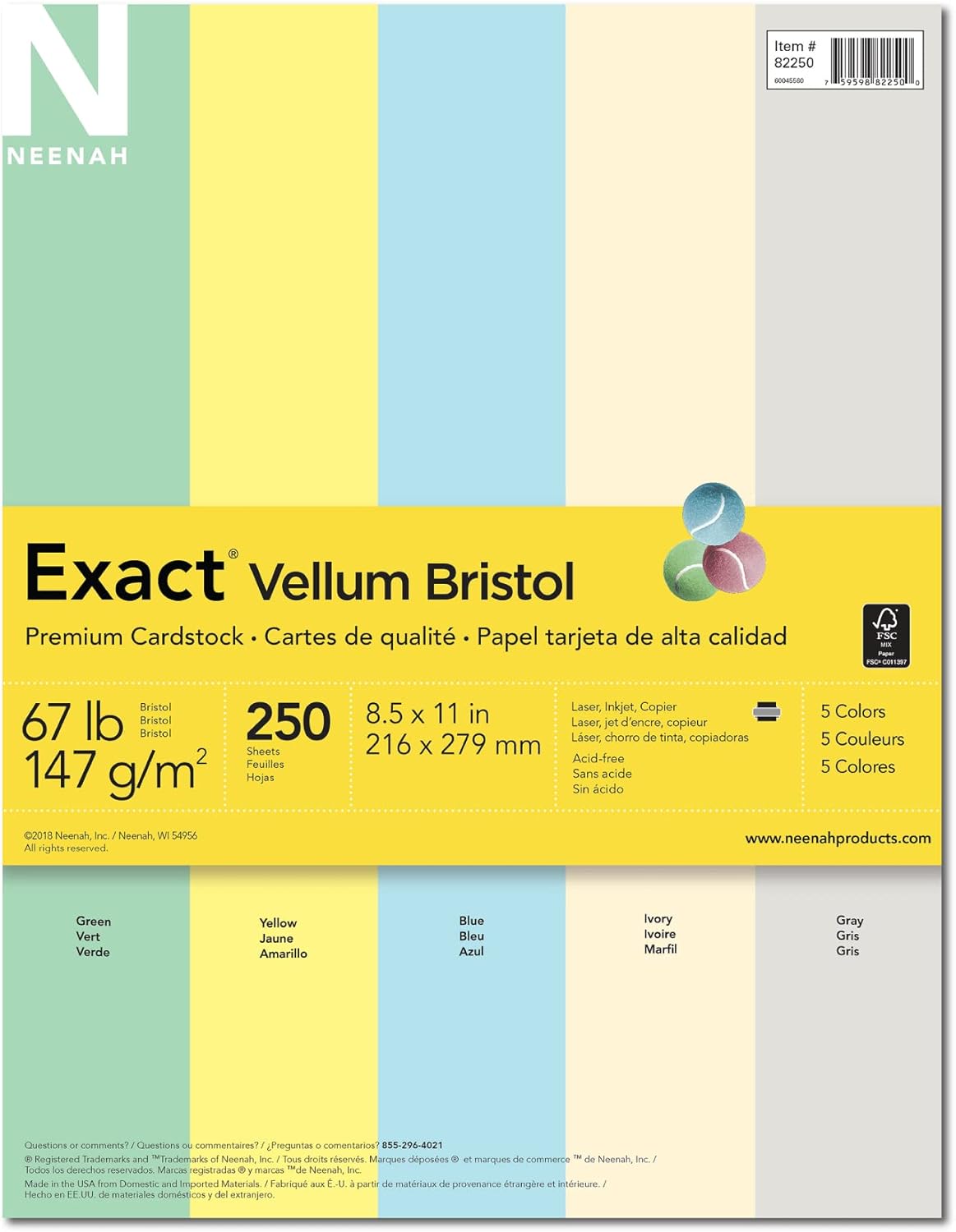 Exact® Vellum Bristol Card Stock, Assorted Colors, Letter (8.5" x 11"), 67 Lb, Pack
