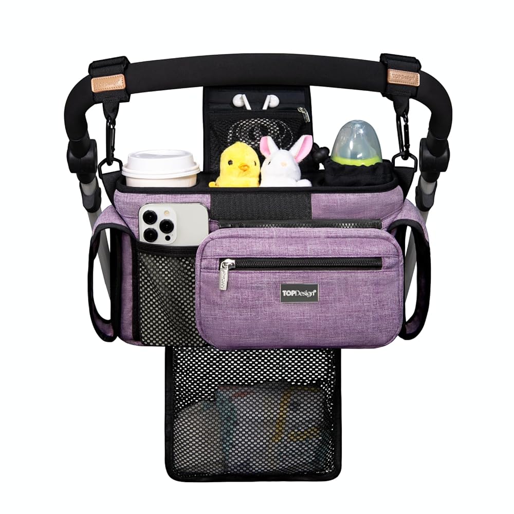 TOPDesign Universal Baby Stroller Organizer, Stroller Caddy with Detachable Mesh Bag & Heightened Insulated Cup Holders & Non-Slip Secure Hooks Accessories, Fits Most Strollers (Purple)