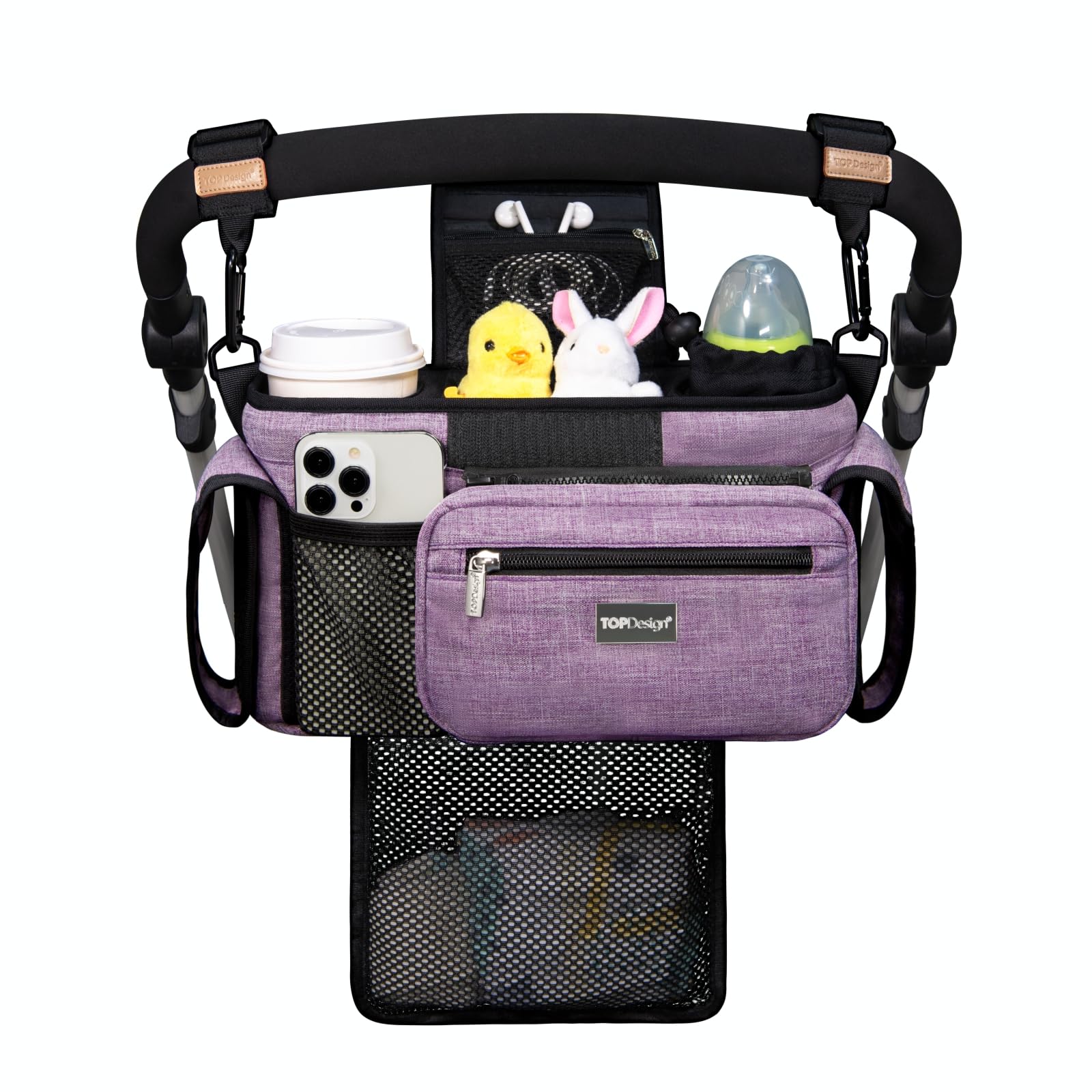 TOPDesign Universal Baby Stroller Organizer, Stroller Caddy with Detachable Mesh Bag & Heightened Insulated Cup Holders & Non-Slip Secure Hooks