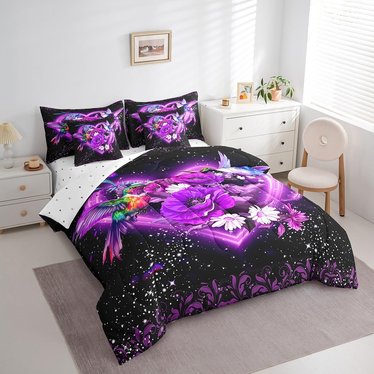 Feelyou Hummingbird Comforter Set Twin Size 7 Pieces Twin for Grandma Couple Cute Birds Floral Bed in a Bag Bedding Set Galaxy Bed Set with Comforter, Sheet Set, Pillowcases, Pillow Covers Purple