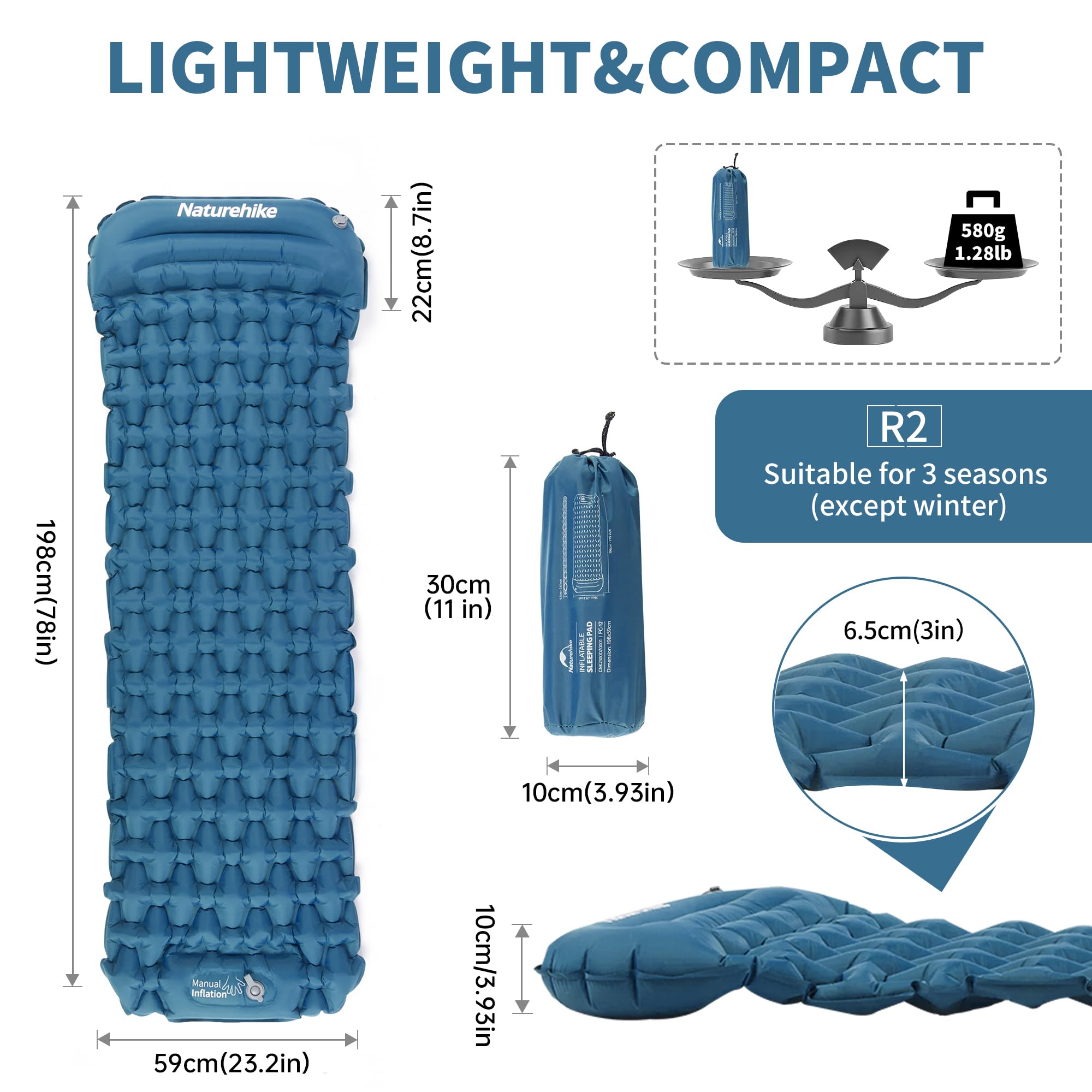Naturehike Matelas Isolé Camping Ultra Léger 580g Avec Coussin Et Pompe Intégrée