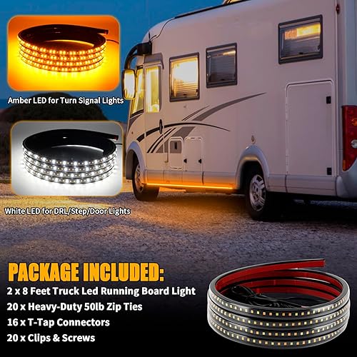 Miniatura 2 de 2 luces LED para estribo de 8 pies, luz de giro ámbar secuencial y luz blanca de cortesía, tiras de iluminación de emergencia de 12 V-14 V, tiras de
