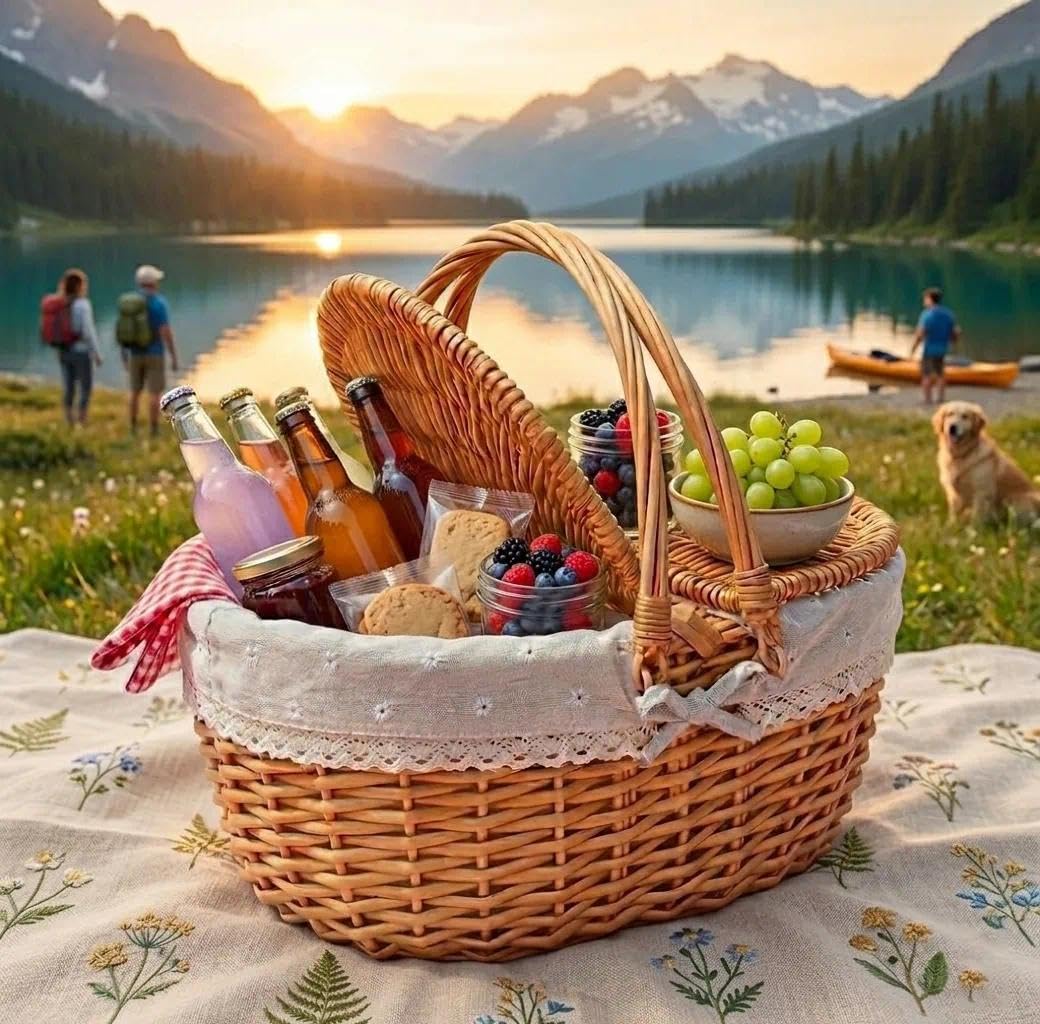 Weide Picknickkorb mit Deckel,Einkaufskorb Geflochten mit Henkel und & Liner,Pilzkorb,Weidenkorb für Camping,Gemüse pflücken,Picknicks,(WeißBlume)