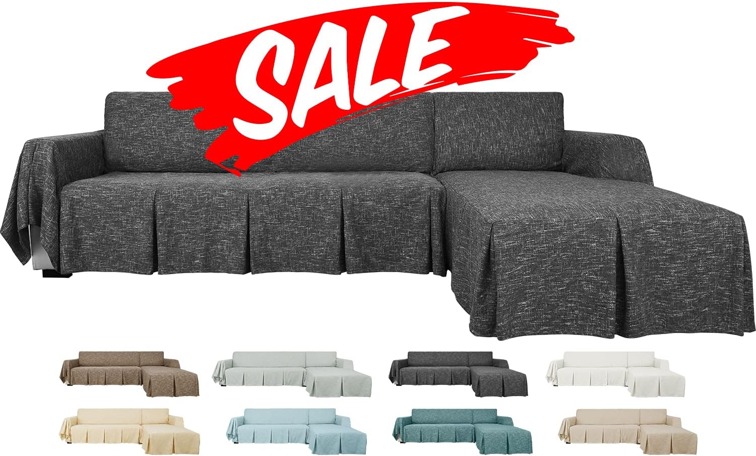 YEMYHOM Sectional Couch Covers 2-Piece Linen L Shape Sofa Cover with Ruffles Durable Slip Covers for Dogs Furniture Protector Slipcovers for Living Room (3-Seat with Left Chaise, Charcoal Gray)