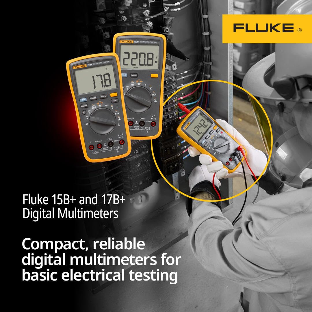 Fluke 17B+ Digital Multimeter, for Electrical Applications, Measures AC/DC Voltage 1000V, Current Measurements to 10A, Resistance, Continuity, Diode, Capacitance, Frequency, and Temperature Testing