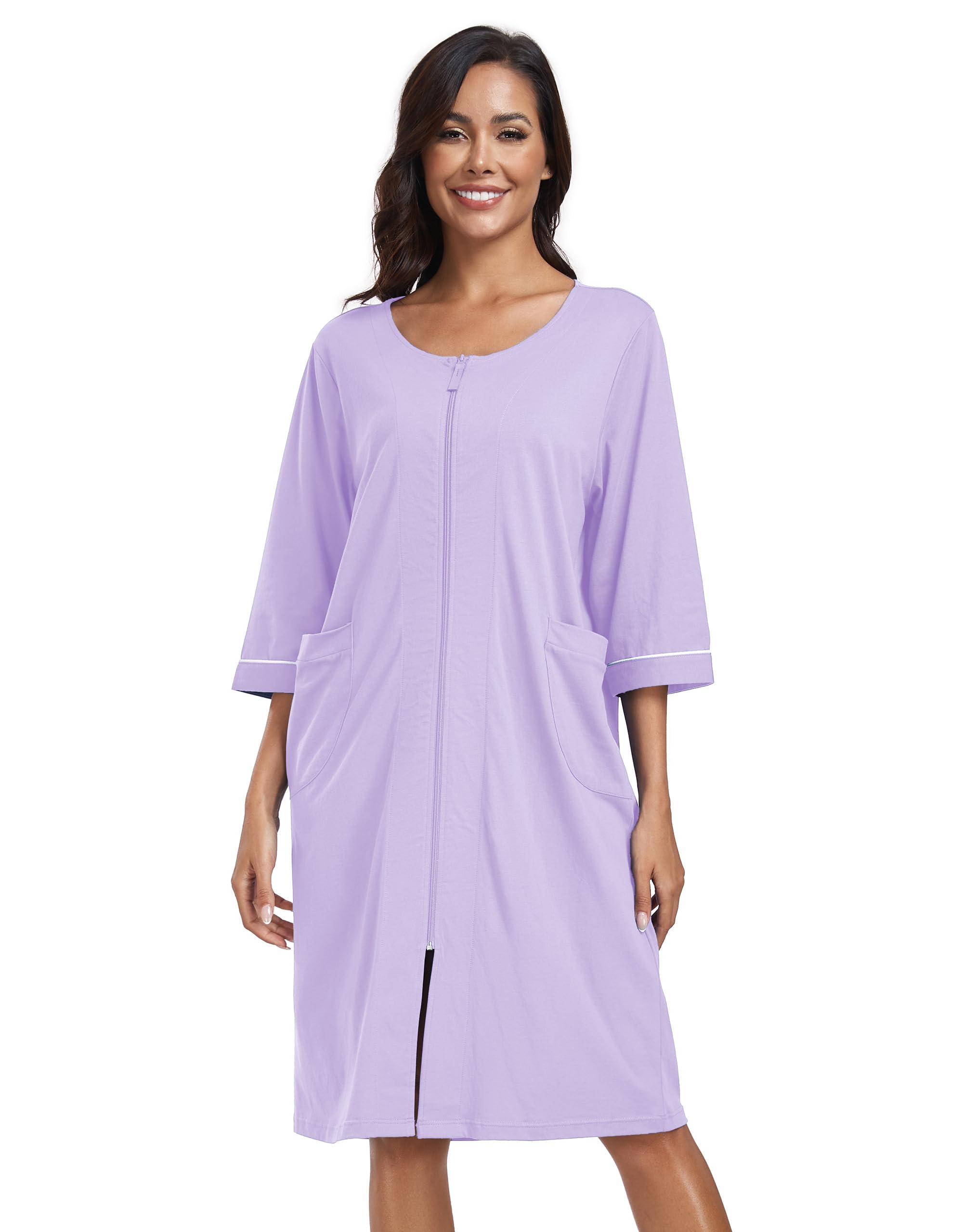COLORFULLEAF Albornoz para mujer de con cremallera algodón manga 3/4 bolsillos