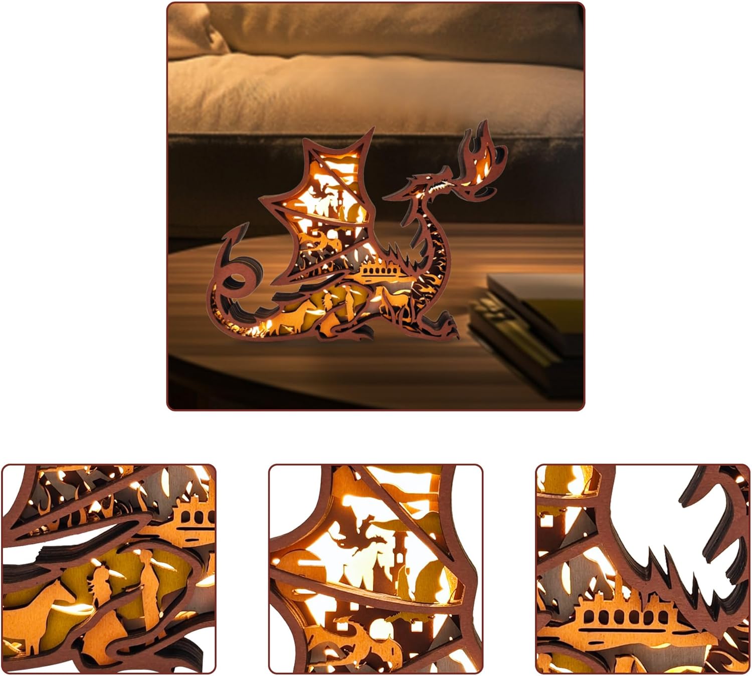 3D Wooden Animals Carving LED Night Light, Dragon Decor Wood Carved Lamp Cabin Statues Rustic Figurines Wall Hanging Sculpture Silhouette Ornament for Living Room Bedroom Home Room for Birthday Gifts