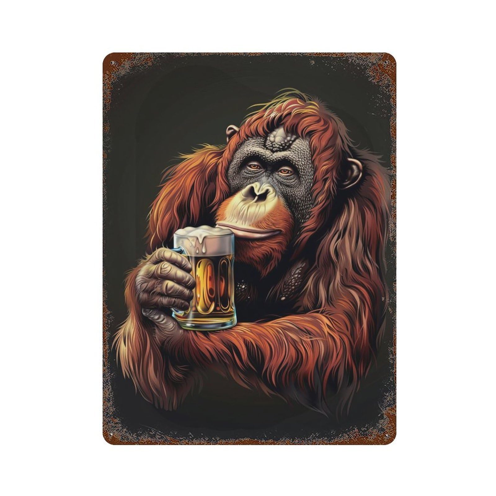 Orangutan with Beer Decorative Tin Sign 15.7"x11.8", for Bistro, Counter And Cafe Decor, Classic Wall Plaque