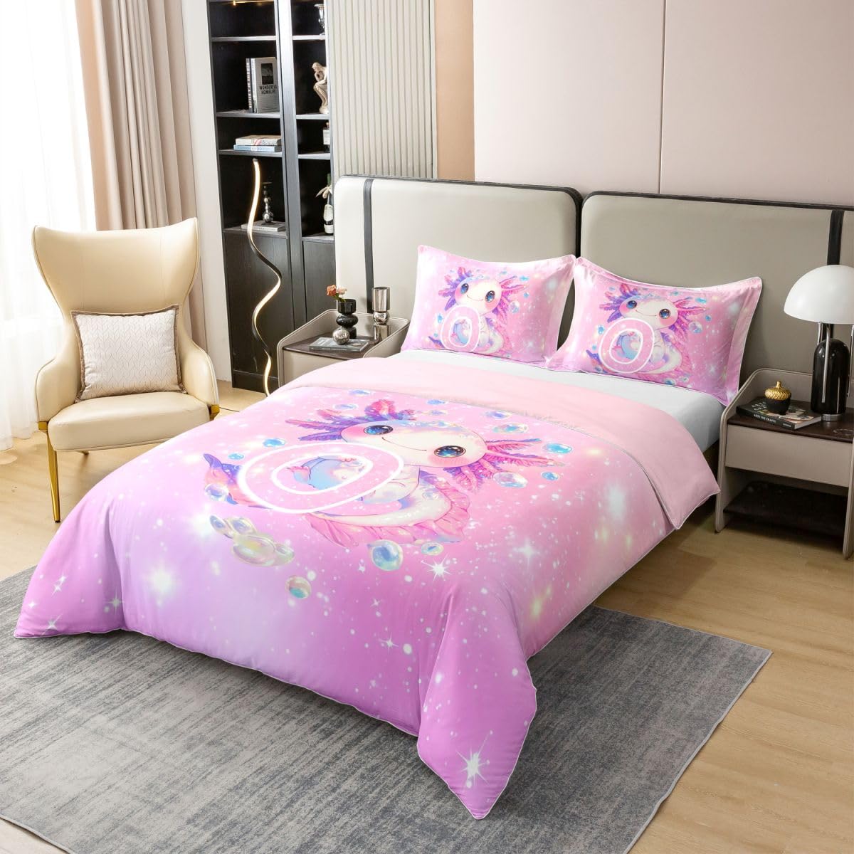 Loussiesd Urocza różowa poszewka na kołdrę Axolotl 100% bawełna King Size Kawaii brokat Axolotl poszewka na kołdrę dla chłopców dziewcząt ocean zwierzę litera O zestaw pościeli 3 szt. dekoracja pokoju