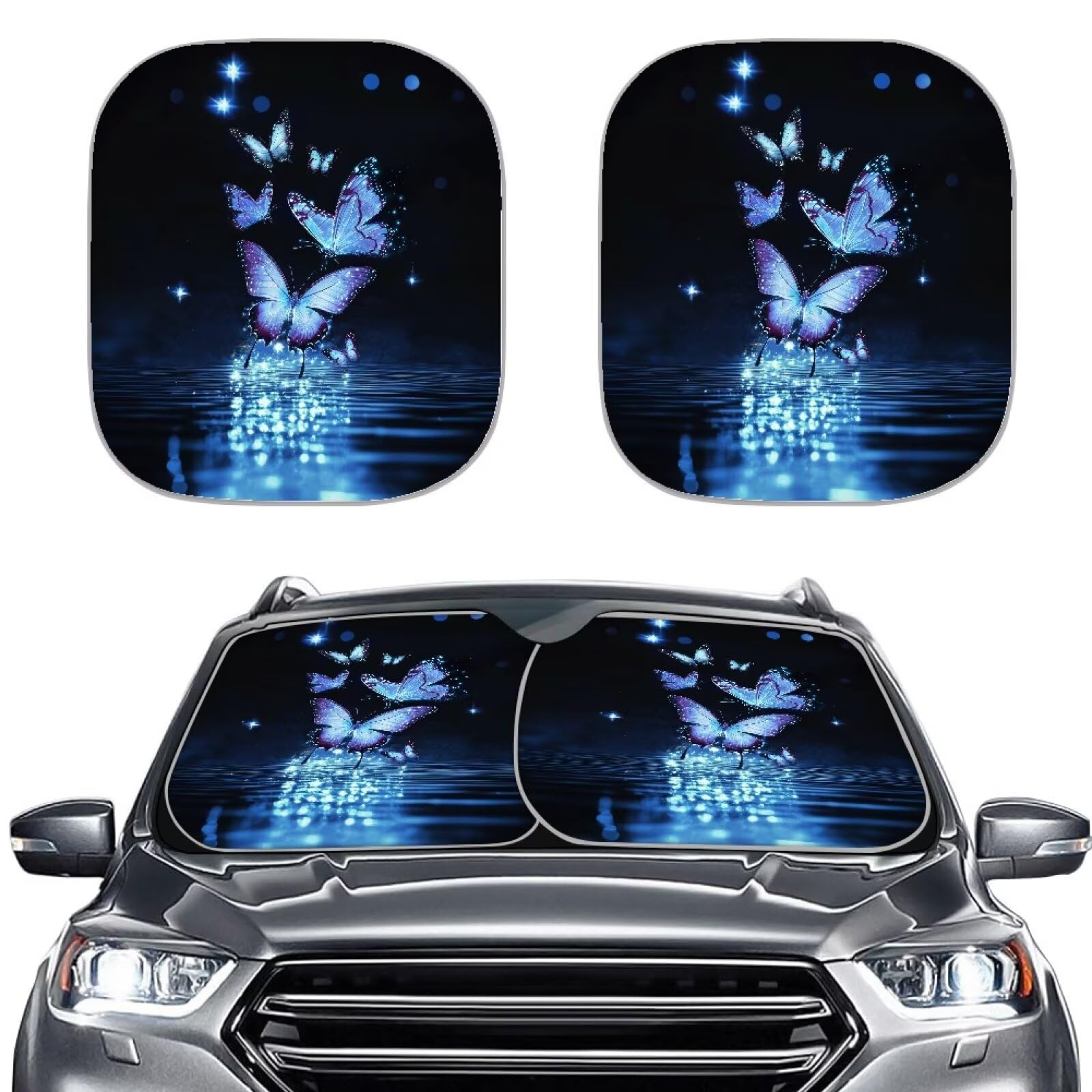 Aplkyhs 2 Piece Windshield Sun Shade Blue Butterfly Windshield Sunshade Sun Visor UV Ray & Heat Block Car Sun Shade Fits for Most Cars SUV