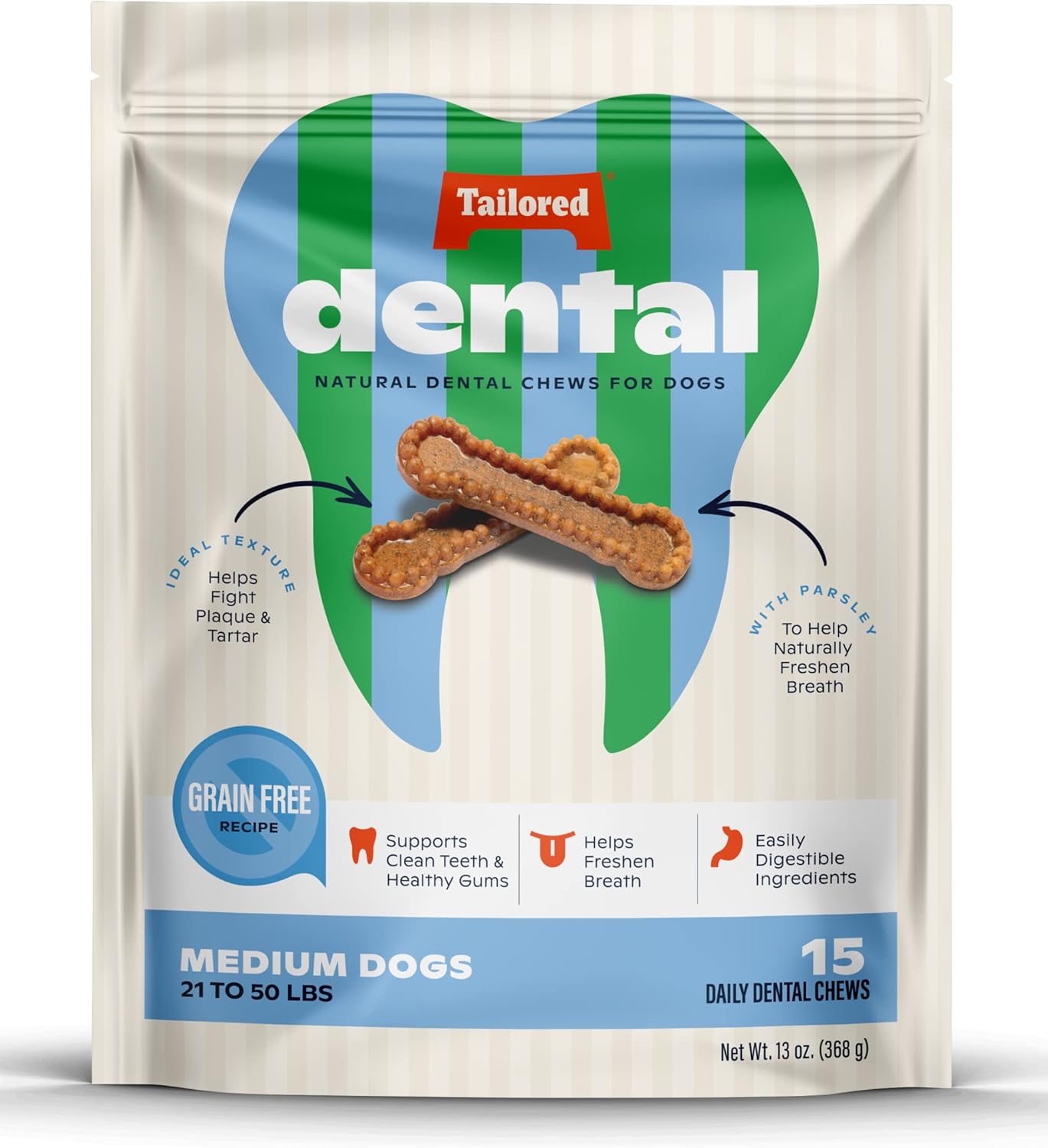 Tailored Pet Natural Dental Chews for Medium Dogs - Helps Fight Plaque & Tartar - Naturally Freshens Breath - Grain-Free Dog Treats - 13oz