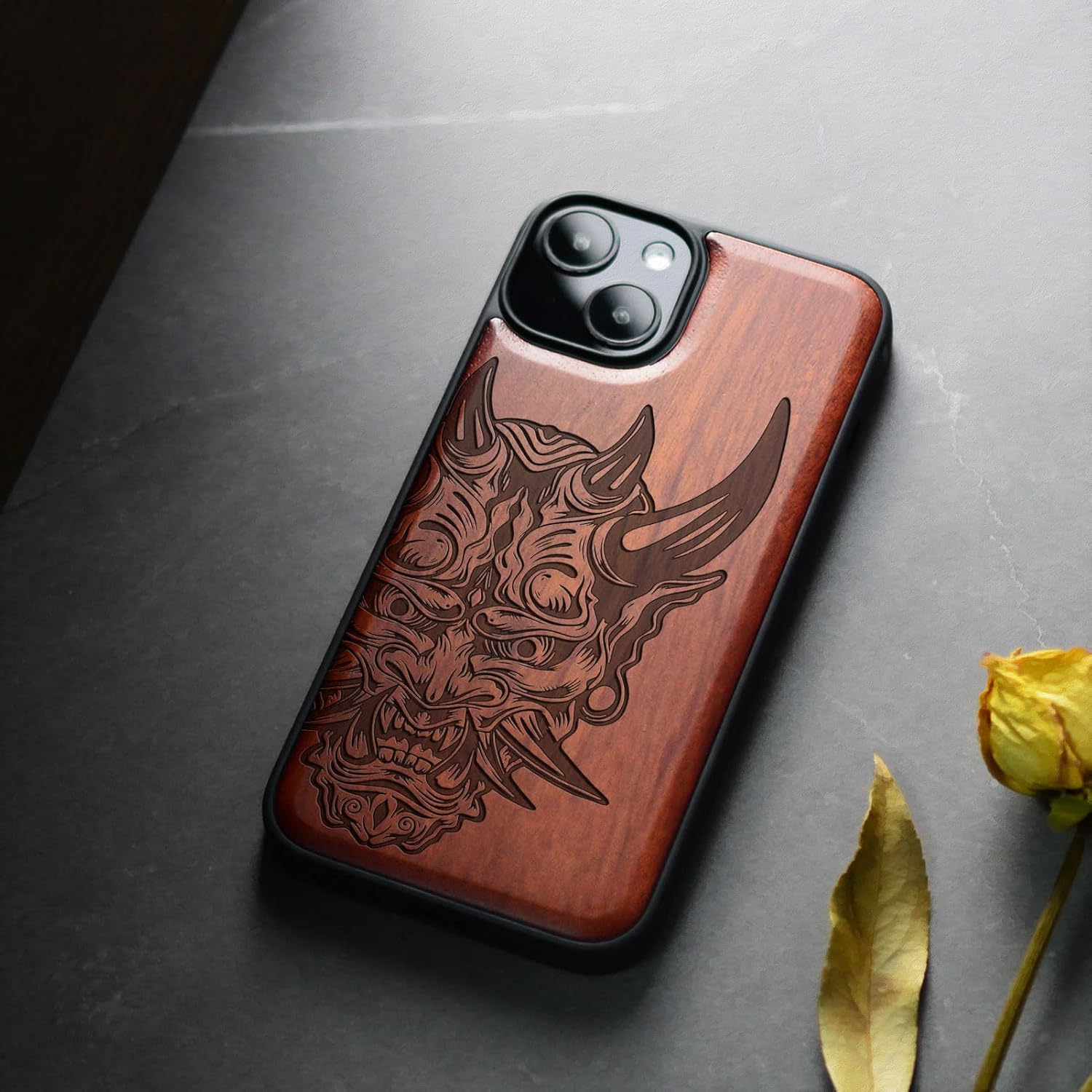 Carveit Magnetic Wooden Case for iPhone 15 Case, Compatible with MagSafe Wireless Chargers, Black Soft TPU Shockproof Cover & Wood Artisan Engraved (Japanese Oni Mask) - Rosy