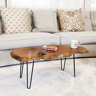 WELLAND Live Edge Teak Coffee Table with Metal Legs 40