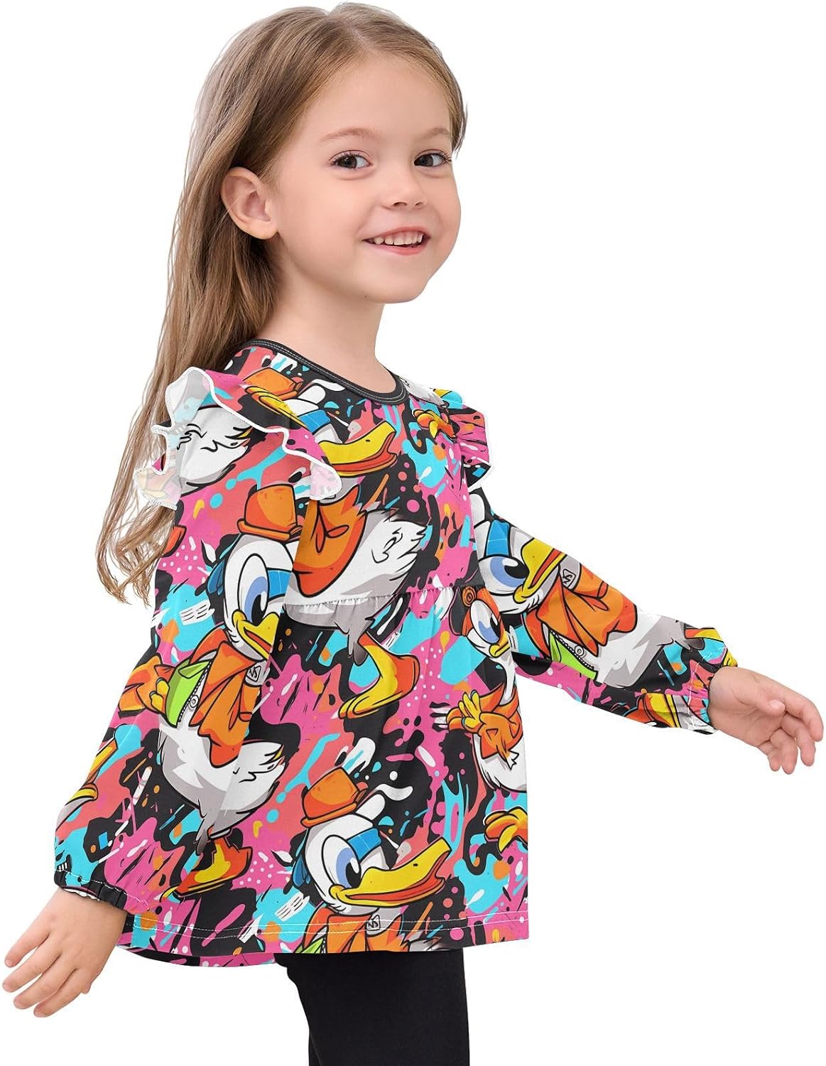visesunny Toddler Clothes for Girls Colorful Cartoon Hat Duck Long Sleeve Fall Shirts Cotton Top with Ruffle Collar
