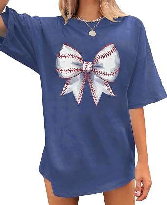Baseball Shirts for Women Oversized Baseball Bow Graphic T-Shirt Game Day Baseball Fan Gifts Short Sleeve Tops