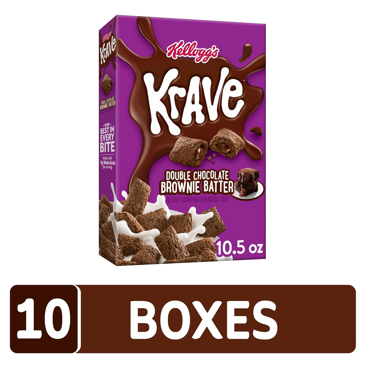 Kellogg's Krave Cold Breakfast Cereal, Kids Snacks, Double Chocolate, Brownie Batter, 6.5lb (10 Boxes)