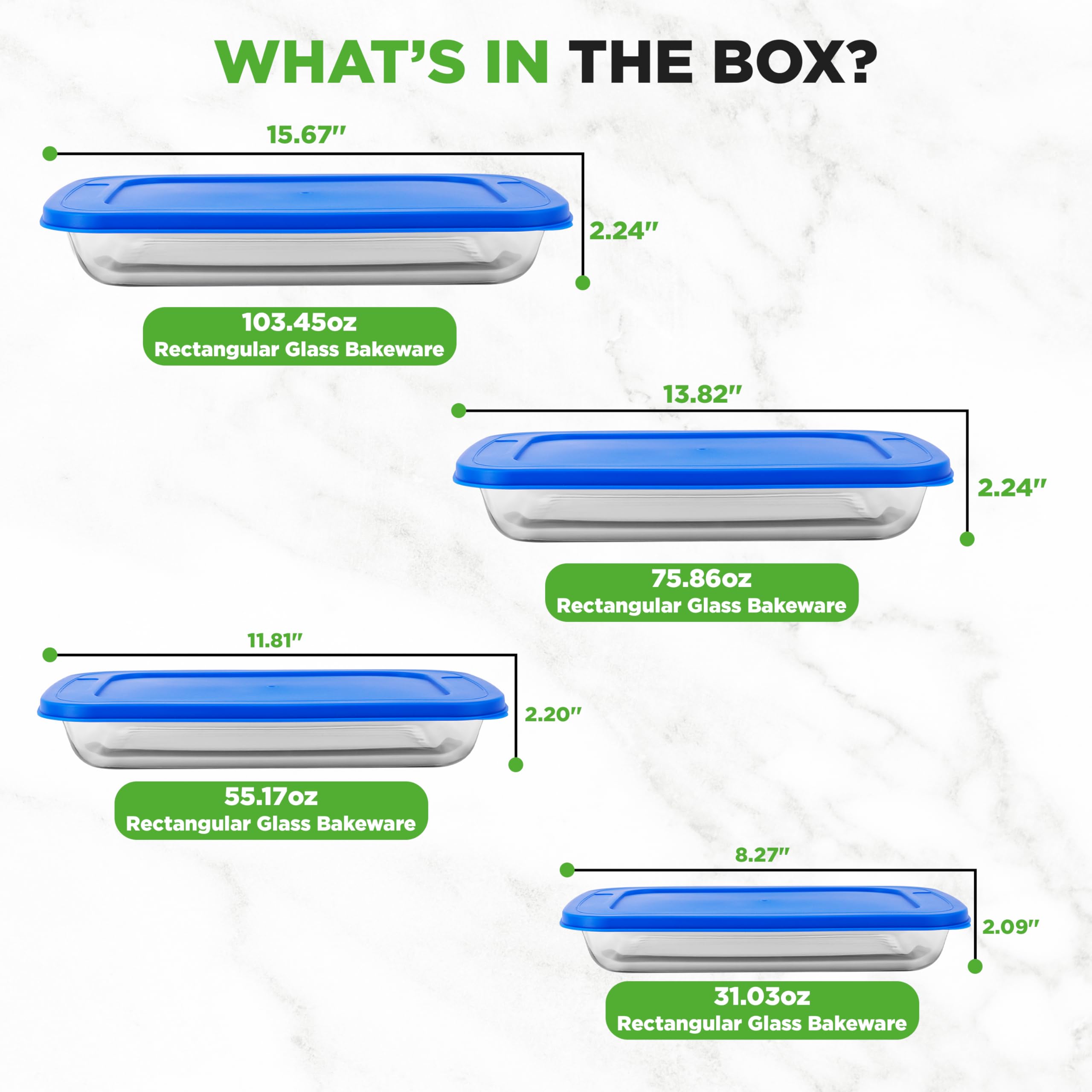 NutriChef 4 Sets Glas-Backformen – hohe Borosilikatglas-Backform mit blauen BPA-freien PE-Deckeln, Gefrierschrank zu Backofen, Küche, Backen, Auflaufform, stapelbar, spülmaschinengeeignet